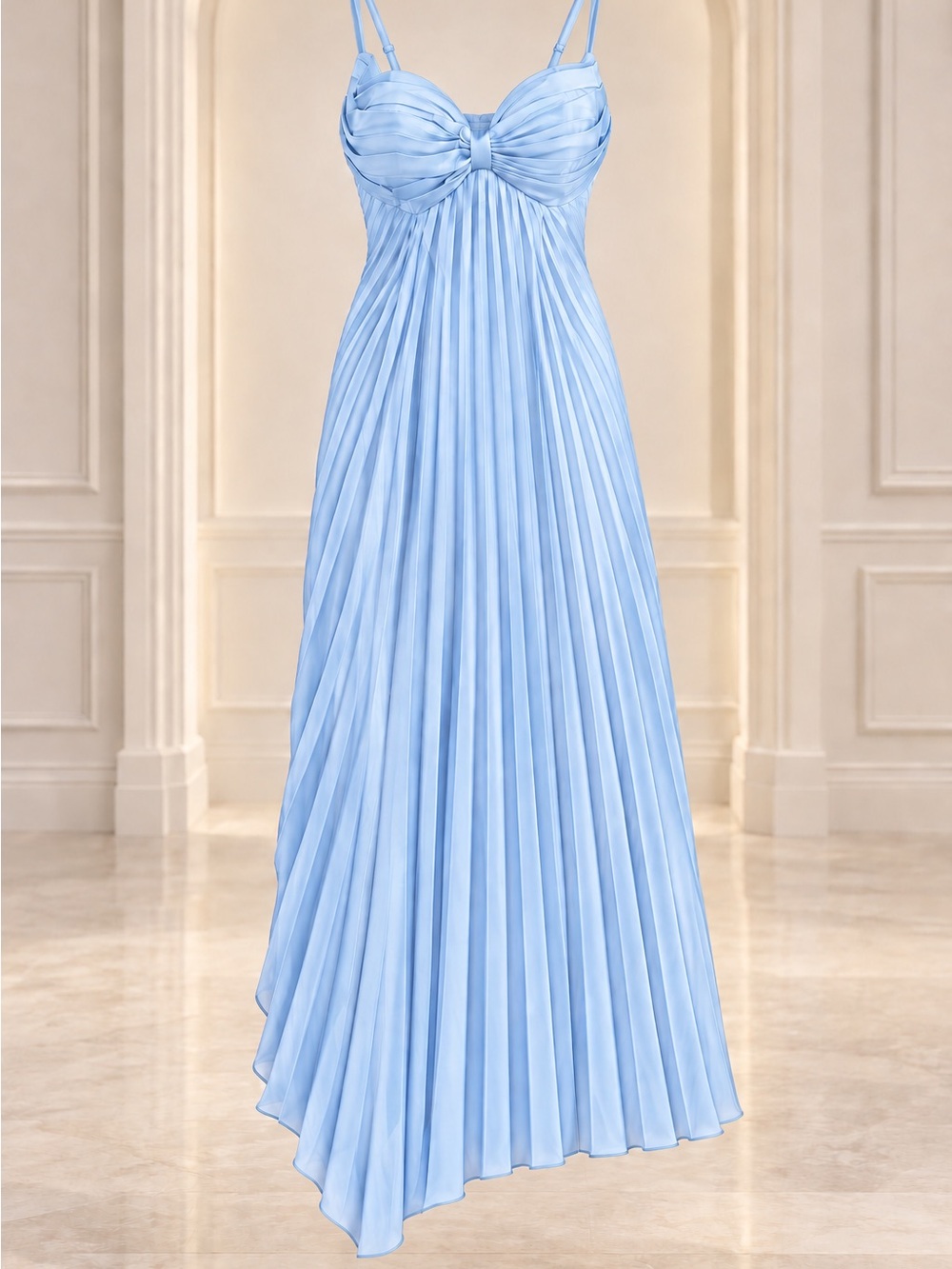 Sky-Blue Pleated Maxi Dress with Knotted Bodice